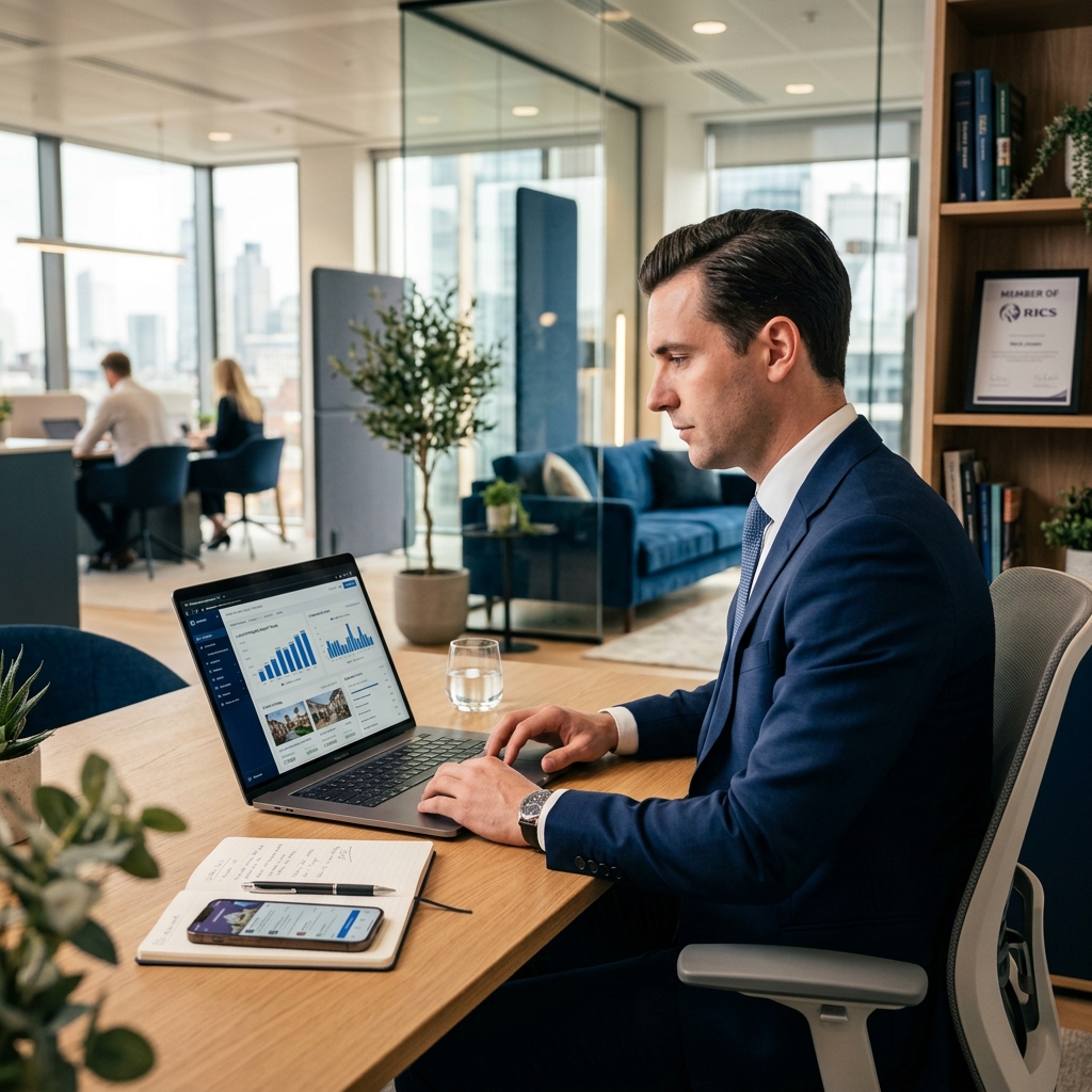 Profesional inmobiliario usando recursos premium